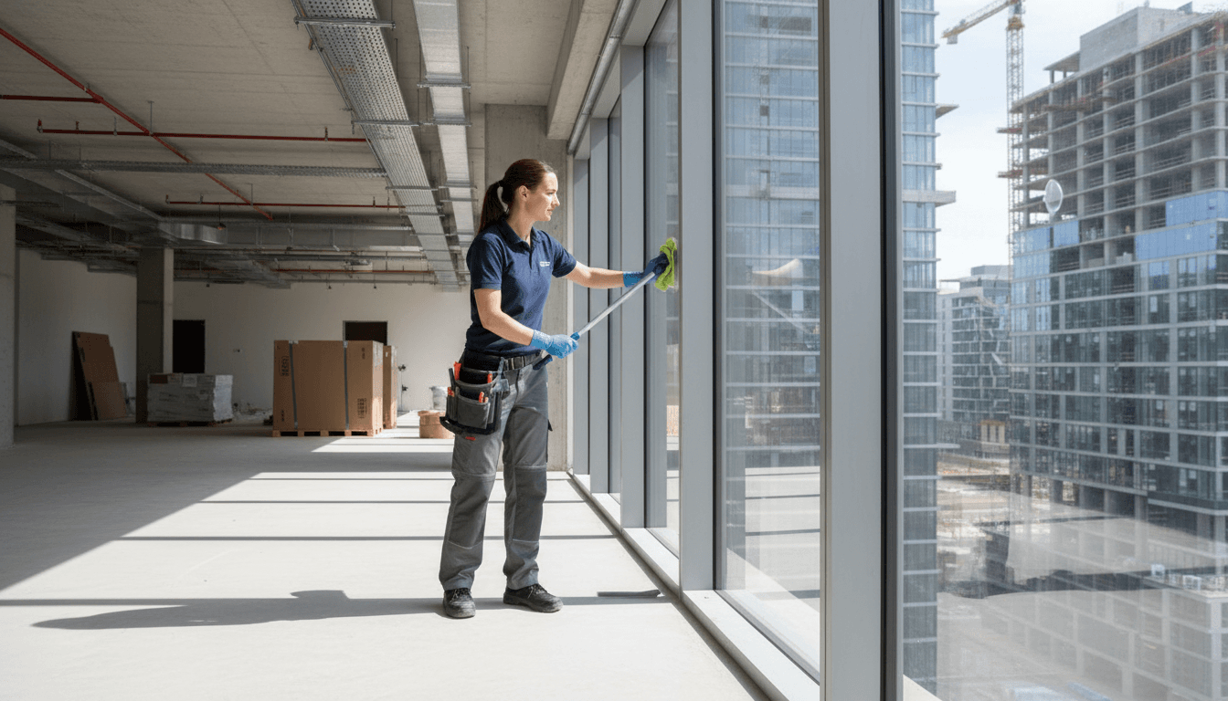 Professional cleaner wiping a new window during final construction cleaning