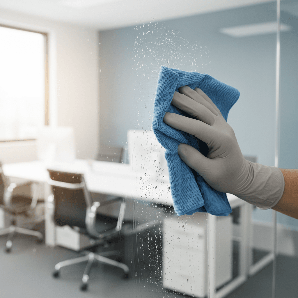 professional cleaner wiping down windows in bright modern commercial space