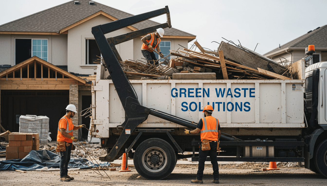 worker clearing construction debris with wheelbarrow on residential site