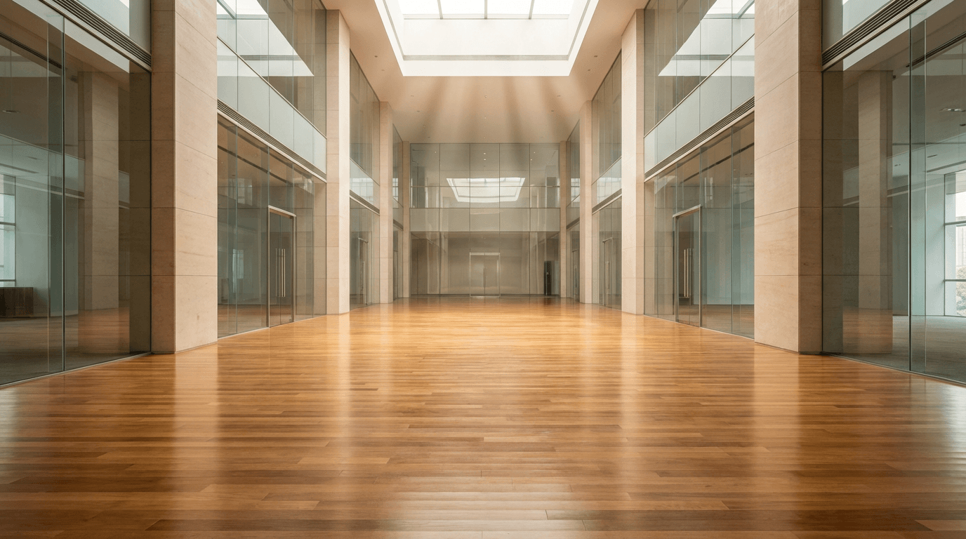 Spacious empty office lobby with polished floors, glass walls, and soft natural light emphasizing cleanliness.