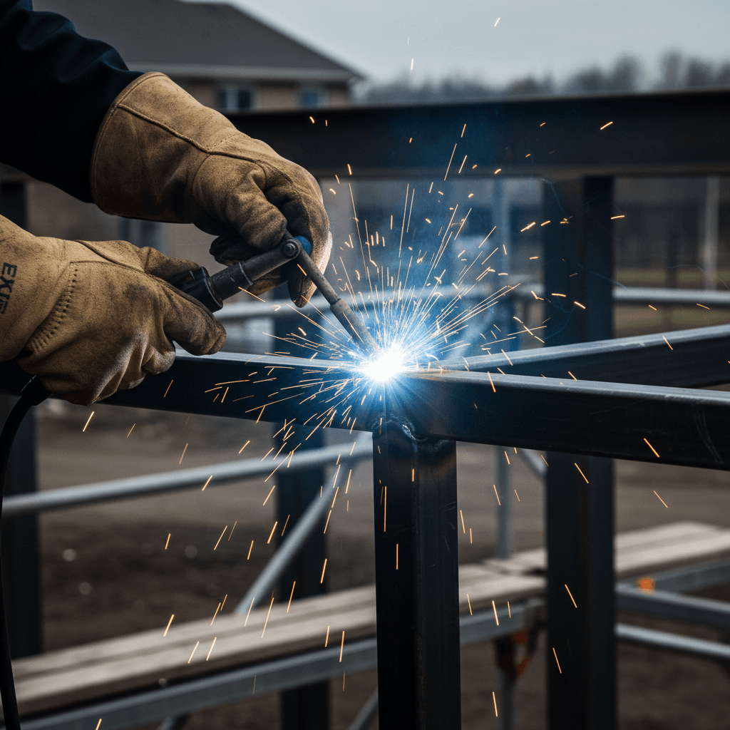 welder in protective gear welding metal on construction site